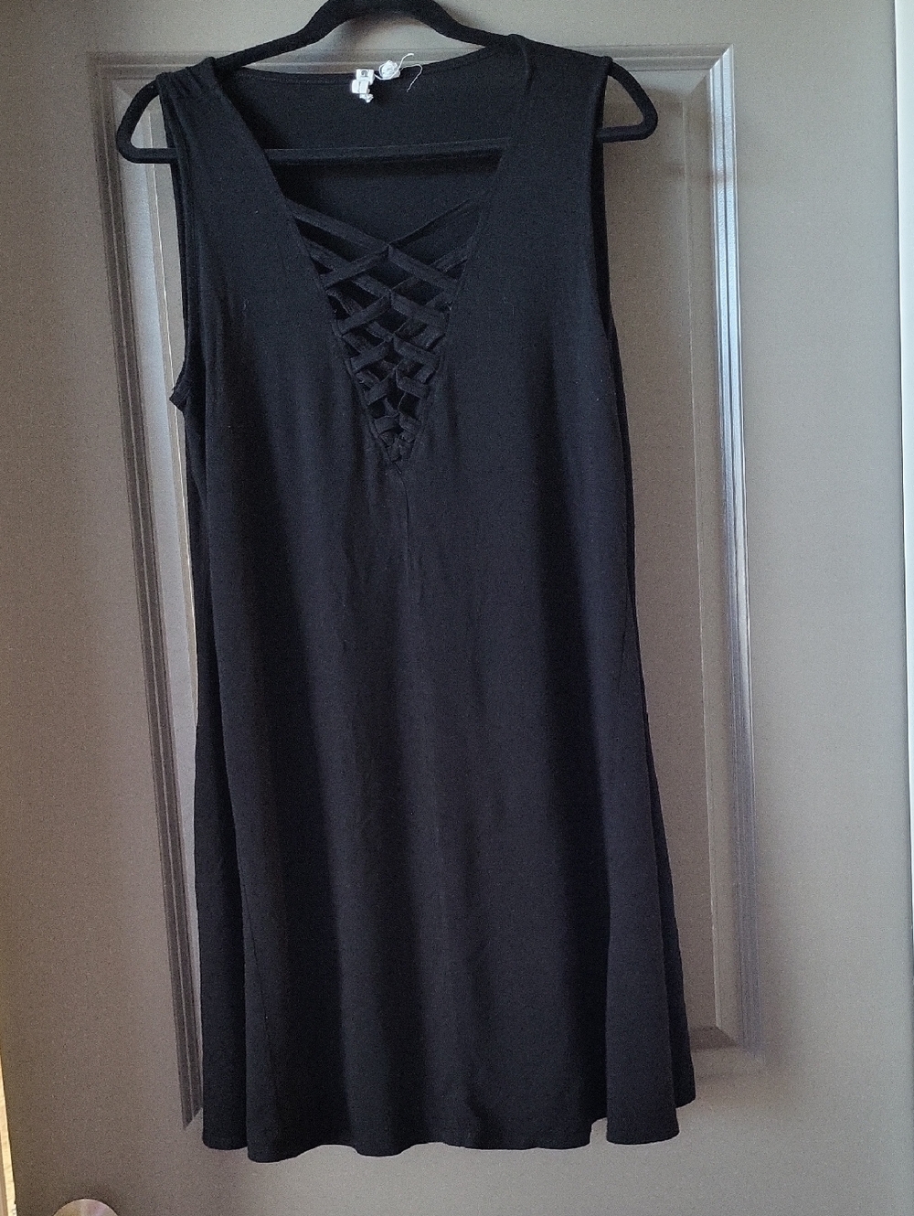Cable & Gauge Black Sleeveless Lattice-Front Mini Dress